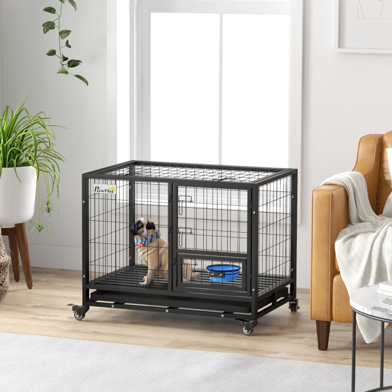 PawHut 36" Heavy Duty Dog Crate with Bowl Holder, Dog Cage on Wheels with Removable Tray, Openable Top, Detachable Door, Indoor Outdoor Use, for Medium and Large Dogs - Black