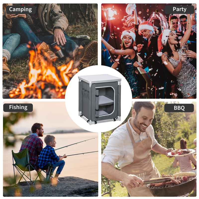 Outsunny 2-Shelf Camping Cupboard Camping Kitchen Station Cook Table Aluminum, Storage Organiser for BBQ Party Picnics Backyards with Carrying Bag