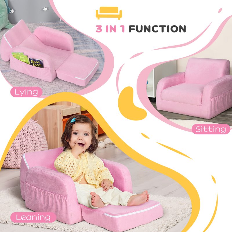 HOMCOM Children's Armchairs Kids Toddler Sofa Chair 2 in 1 Sofa Bed Folding Couch Soft Flannel Sponge Playroom Bedroom Living Room Pink