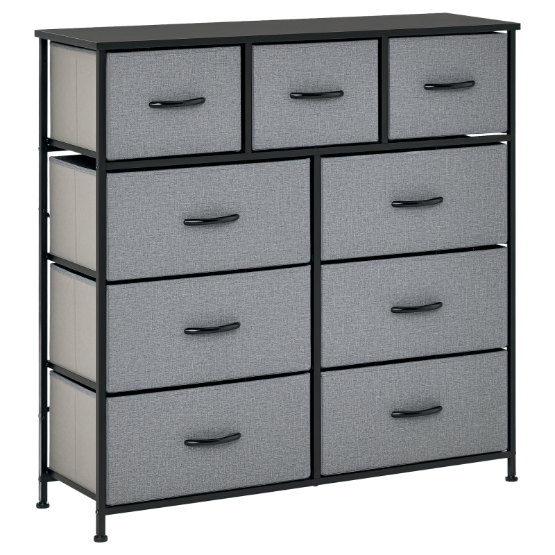 HOMCOM 9 Drawers Storage Chest Dresser Organizer Unit w/ Steel Frame, Wood Top, Easy Pull Fabric Bins, for Bedroom, Hallway, Entryway, Black & Grey