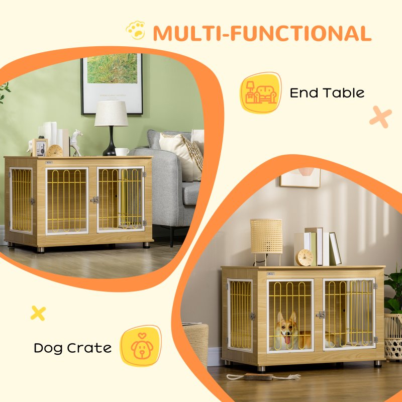 PawHut Dog Crate Furniture, Side End Table, Indoor Dog Kennel with Soft Washable Cushion, Wire Mesh, Large Top, for Medium and Large Dogs, 90 x 58 x 65, Oak Tone