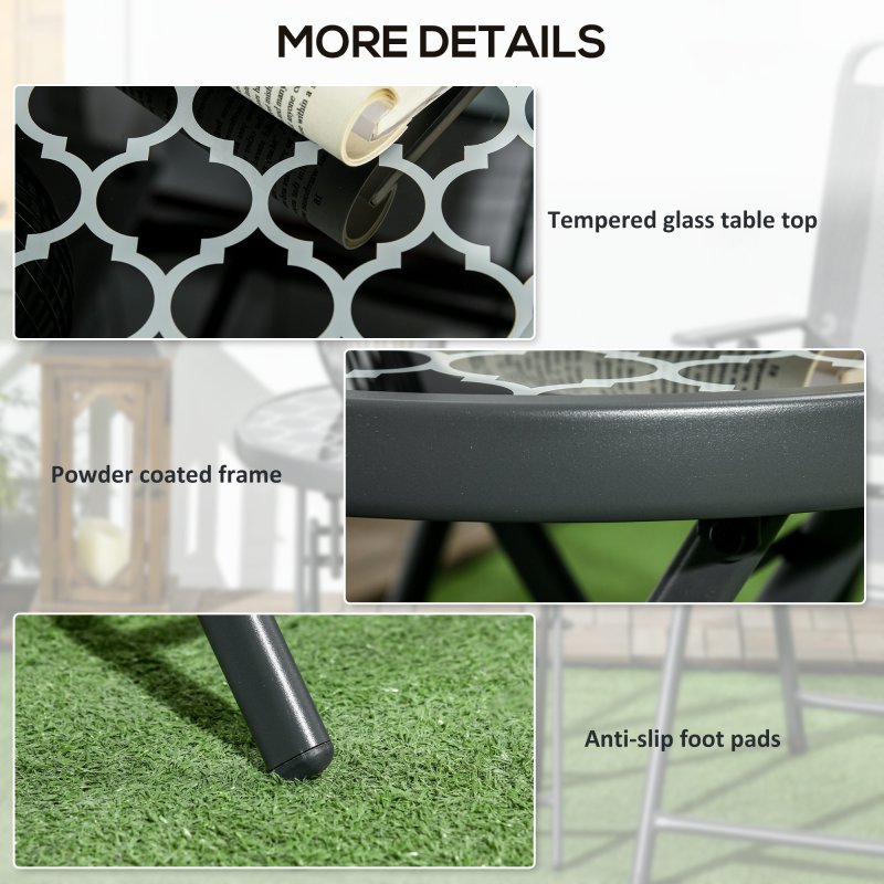 Outsunny ??45cm Garden Side Table, Outdoor Round Folding Patio Table with Imitation Marble Glass Top, Small Coffee Table, Black and White
