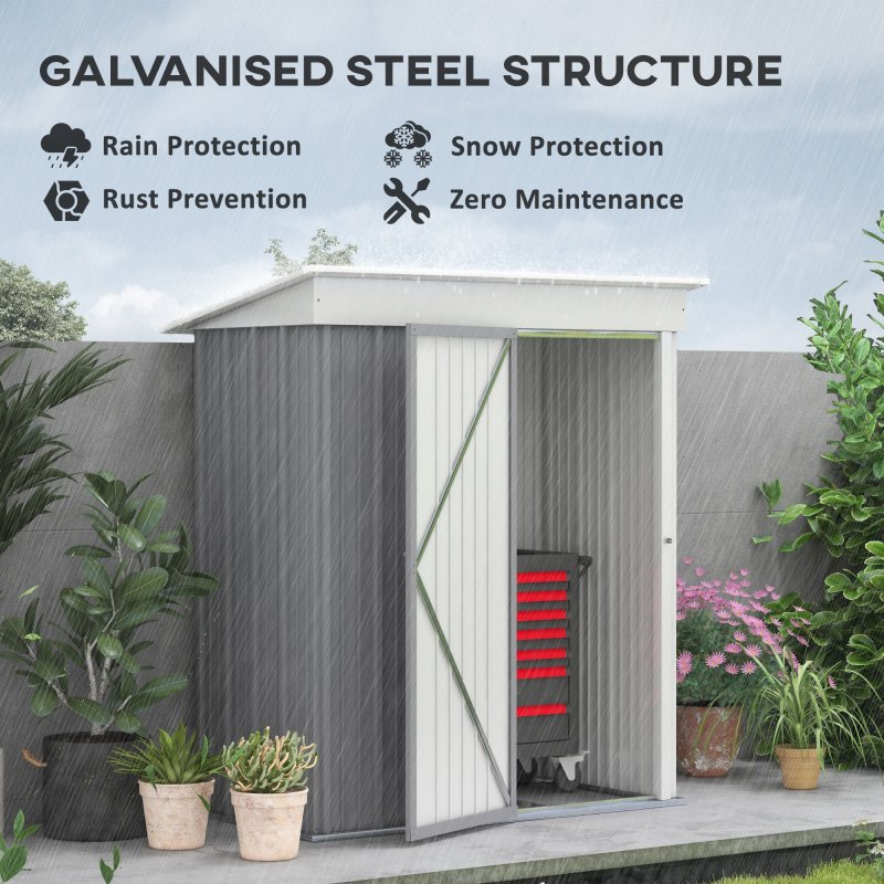 Outsunny 5x3ft Garden Shed, Steel Small Shed, Outdoor Lean-to Shed with Adjustable Shelf, Lock and Gloves for Patio, Garden, Grey with Foundation Kit