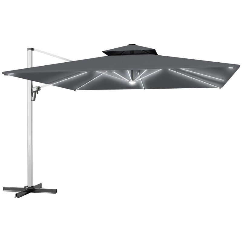 Outsunny 3(m) Garden Cantilever Parasol with Solar LED Lights, Overhanging Patio Umbrella with Cross Base, 360 Rotation, Crank Handle and Tilt, 8-Rib Outdoor Hanging Sun Shade, Grey