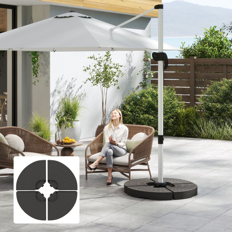 Outsunny 4 PCs Portable Round Parasol Base Up to 100kg, Sand or Water Fillable Umbrella Cross Stand Weights Holder for Cantilever Banana Hanging Parasol