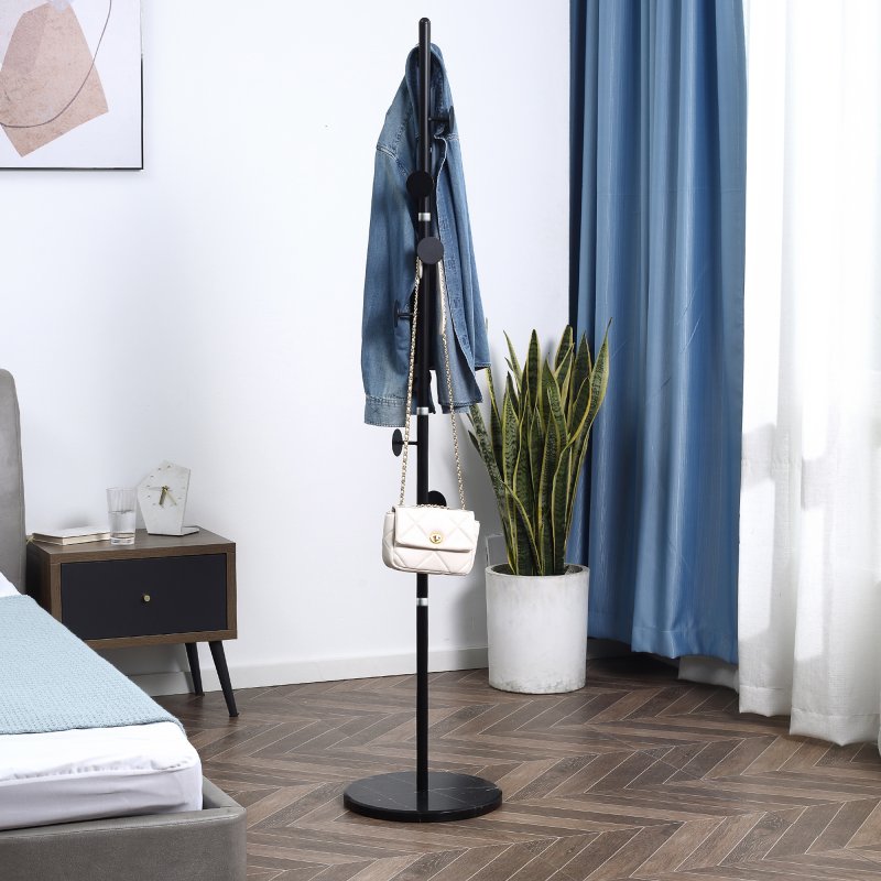 HOMCOM Coat Rack Free Standing Hall Tree with 8 Round Disc Hooks for Clothes, Hats,Purses, Steel Entryway Coat Stand with Marble Base for Entryway, Living Room, Bedroom