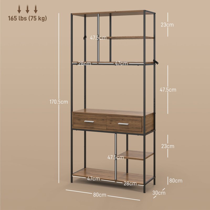 HOMCOM 5 Tier Bookcase, Industrial Book Shelf with 2 Drawers and Metal Frame, Bookshelf for Home Office, Study, Living Room, Brown
