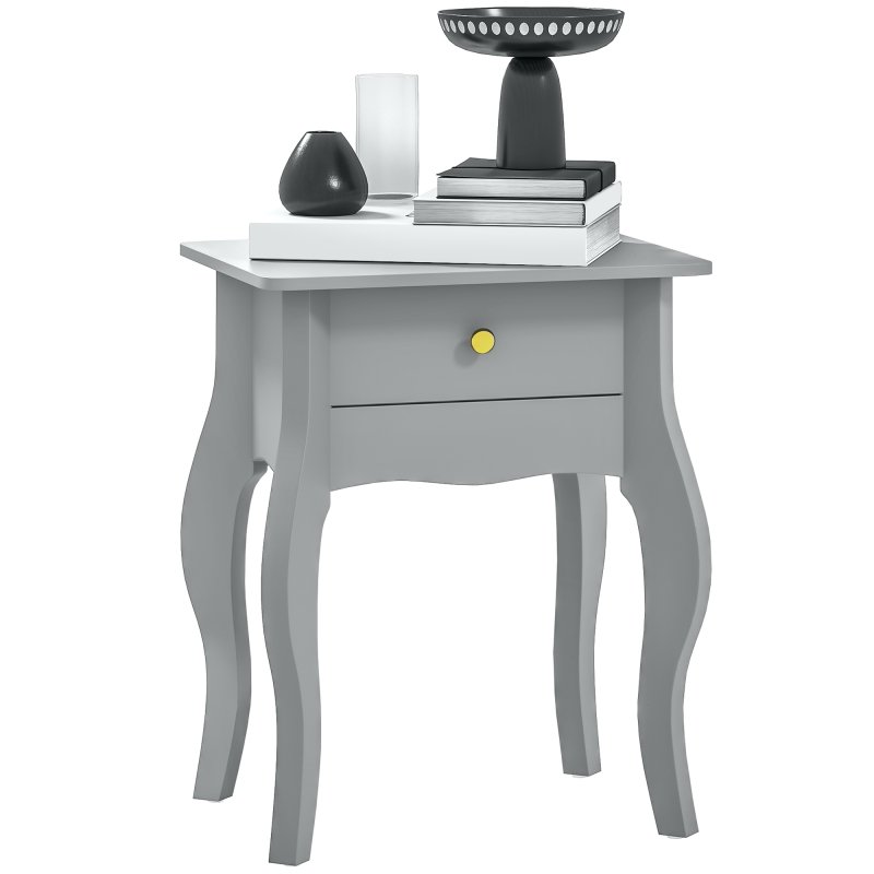 HOMCOM French Style Side Table with Drawer, End Table with Curved Legs, Bedside Table for Living Room, Bedroom, Grey