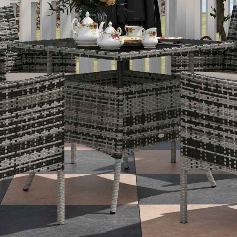 Outsunny 4 Seater Rattan Dining Set with Cushions, 5 Pieces Garden Dining Set with Glass Tabletop, PE Rattan Garden Furniture Set with Dining Table and Armchairs for Patio, Balcony, Mixed Grey