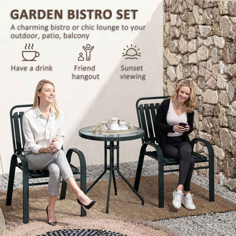 Outsunny 3 Pieces Patio Bistro Set, Garden Furniture Set with Stackable Chairs, Tempered Glass Table, Rust Resistant for Outdoor, Balcony, Patio, Garden, Charcoal Grey