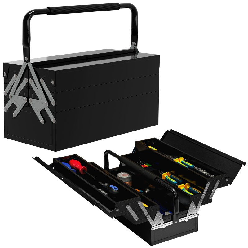 DURHAND Metal Tool Box 3 Tier 5 Tray Professional Portable Storage Cabinet Workshop Cantilever Toolbox with Carry Handle, 45cmx20cmx34.5cm, Black