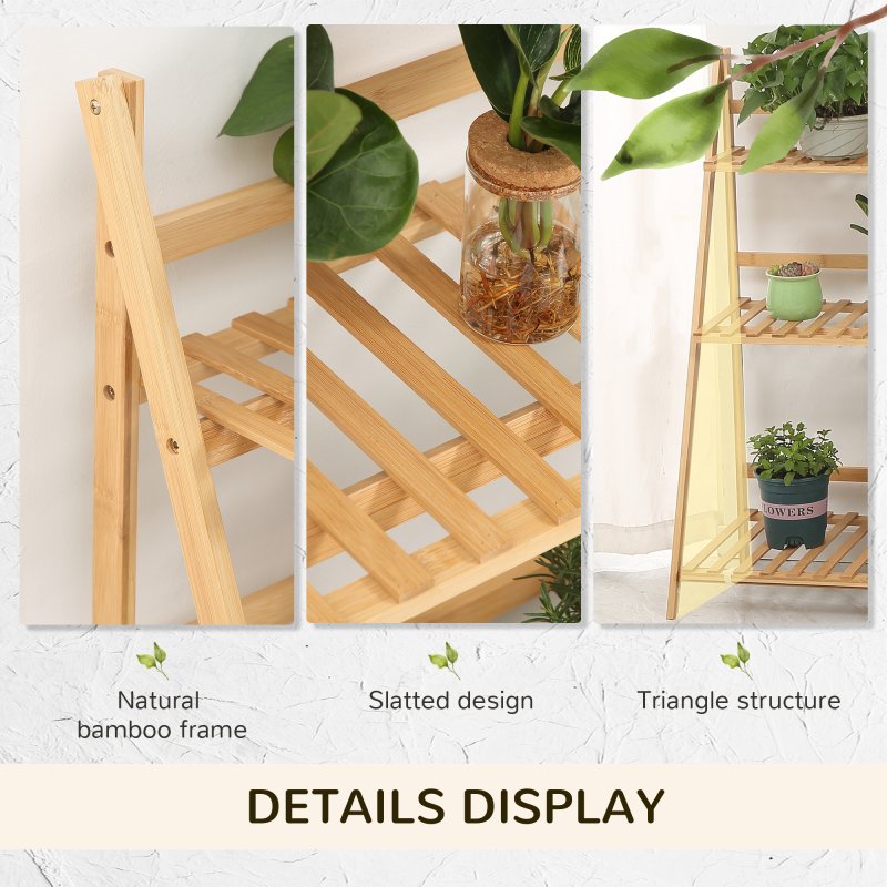 Outsunny 3-Tier Bamboo Plant Stand, Folding Plant Rack, Display Plant Shelf for Indoor & Outdoor Use, 98 x 37 x 96.5cm, Natural