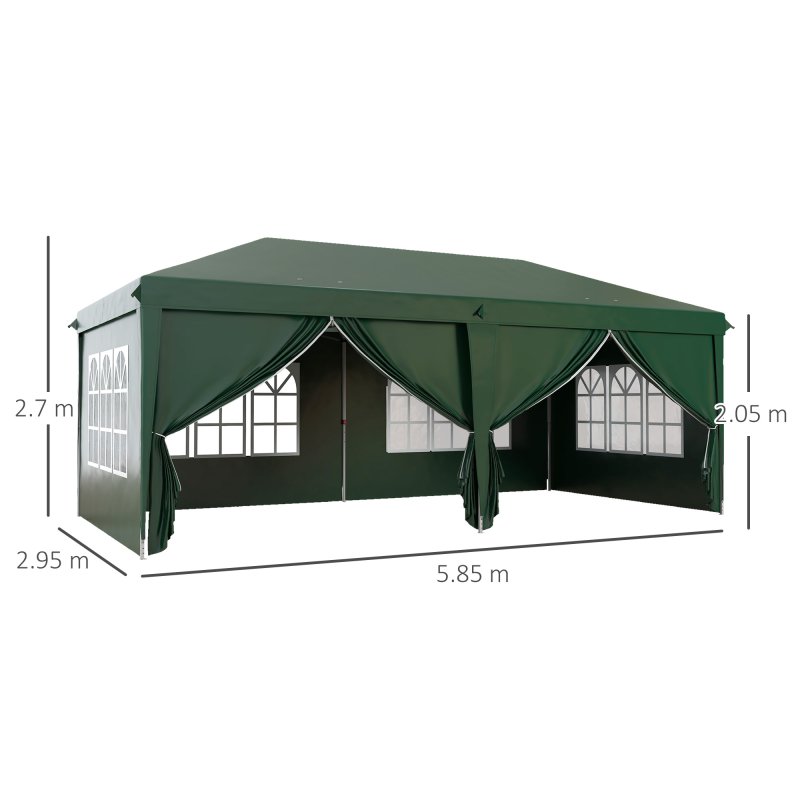 Outsunny 3 x 6 m Pop Up Gazebo with Sides and Windows, Height Adjustable Wedding Camping Party Tent Canopy Marquee with Storage Bag for Garden, Event, Green