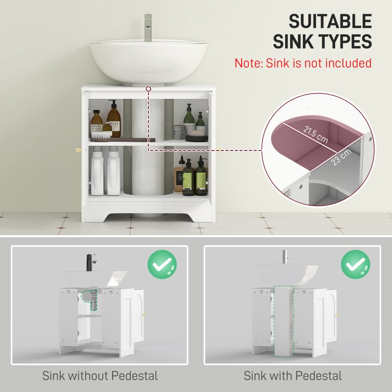 HOMCOM Under Sink Bathroom Cabinet, Freestanding Under Sink Cabinet with 2 Arch Doors and Adjustable Shelf for Basin without or with Pedestal, White