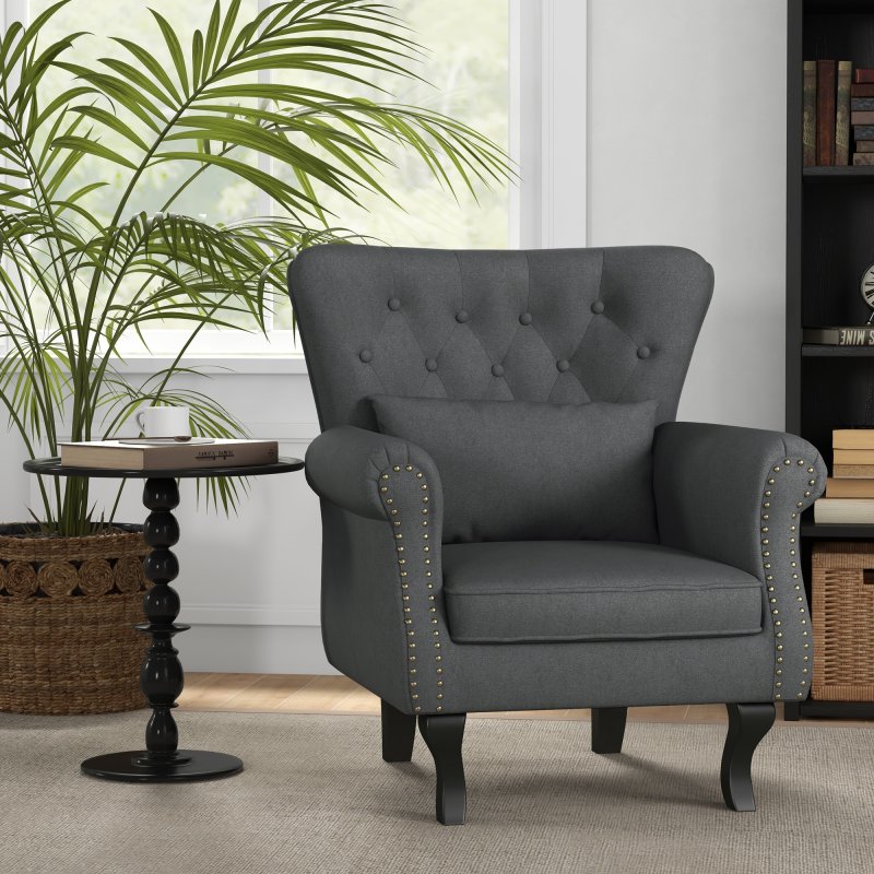 HOMCOM Wingback Armchair, Linen Fabric Accent Chair, Upholstered Fireside Chair with Pillow, Button Tufted Back for Living Room, Bedroom, Home Office, Dark Grey