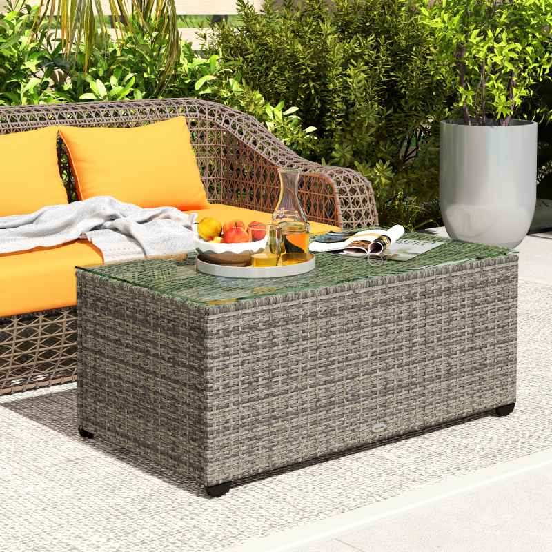 Outsunny Outdoor Coffee Table, PE Rattan Side Table with Tempered Glass Top, Wicker Rectangular Garden Coffee Table End Table with Steel Frame for Patio, Balcony, 90 x 50 x 38cm, Dark Grey