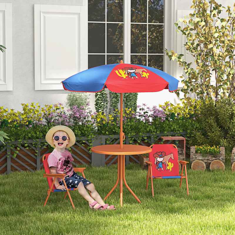 Outsunny Kids Bistro Set Children Table and Chair Set Garden Furniture Cowboy Themed 4 Pieces w/ Adjustable Parasol, Foldable Chairs for 2-5 Years - Blue and Red