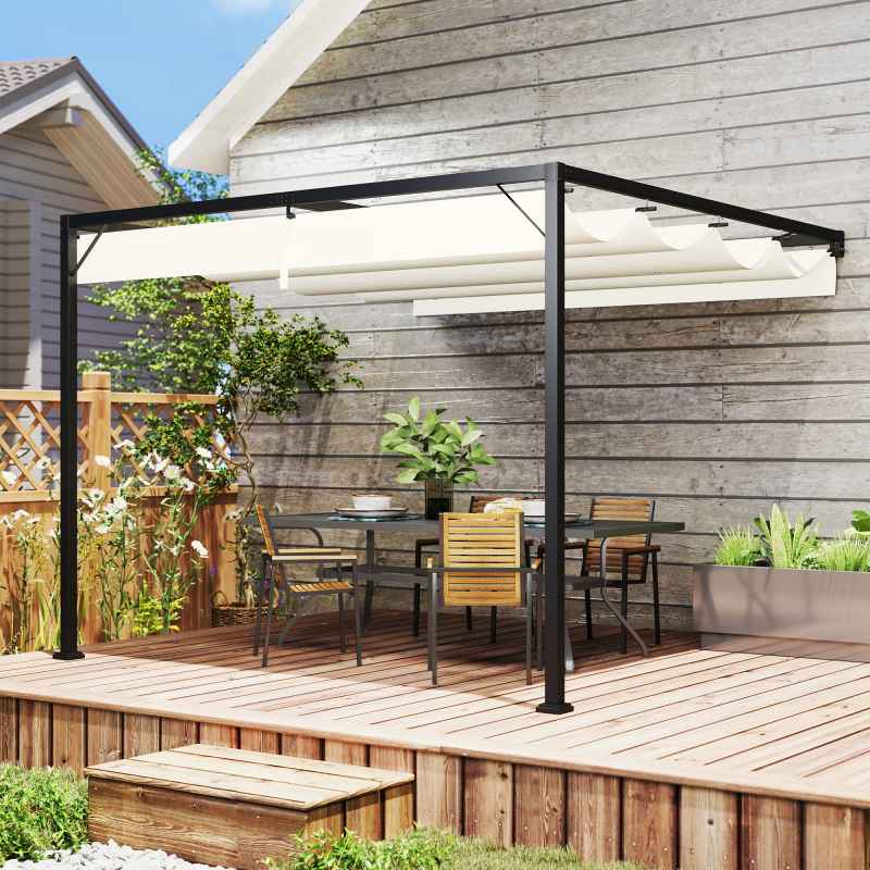 Outsunny 3 x 3(m) Outdoor Lean To Pergola Retractable Canopy Wall Mounted Gazebo Patio Shelter Sun Shade, Cream White