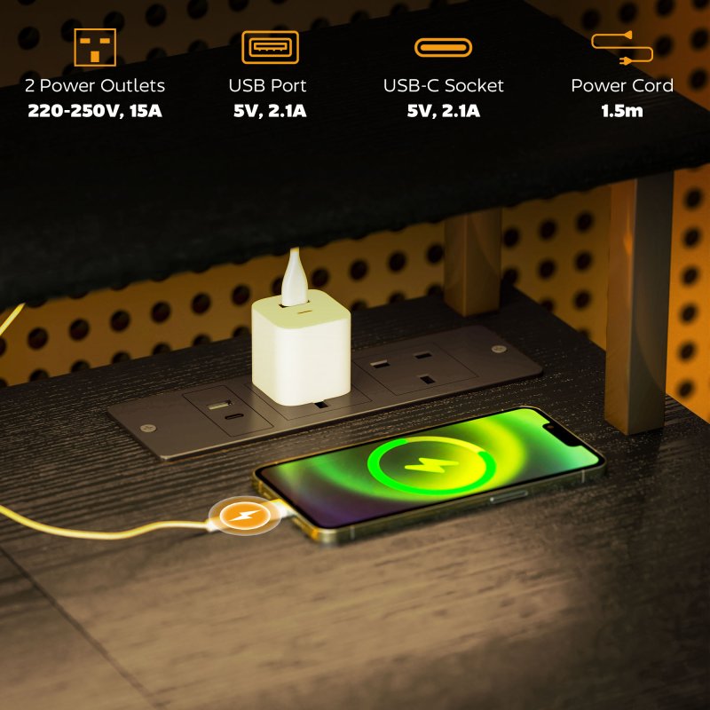 HOMCOM Computer Desk with Power Outlets and LED Lights, 120 x 50cm Reversible Home Office Desk with Monitor Stand and 2-Tier Storage Shelves, Gaming Desk with Cable Management, Black