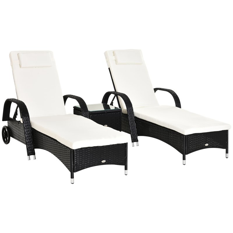 Outsunny 3 Pieces PE Rattan Patio Lounge Chair Set, Outdoor Recliner Lounge Chairs with Wheels, for Outside with Cushions, Headrest, Coffee Table for Garden, Poolside, Black