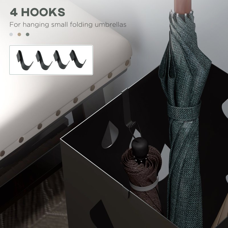HOMCOM Steel Umbrella Stand, Square Umbrella Holder with 4 Hooks and Removable Drip Tray, Hollowed Umbrella Basket for Hallway
