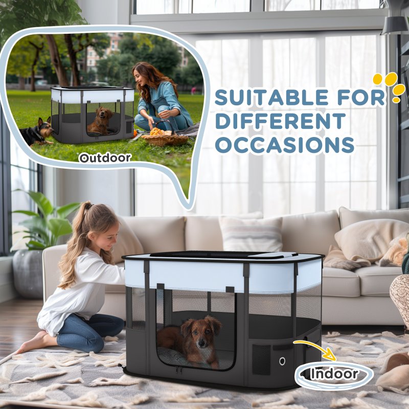 PawHut Dog Pen, Pet Playpen, Portable Foldable Dog Cat Playpen Soft Pet Cage with Storage Bag for Puppies, Rabbits, Kittens, Guinea Pigs, 84 x 64 x 53cm - Grey