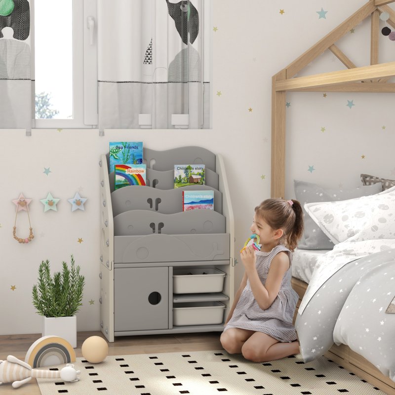 AIYAPLAY Kids Storage Units, Toy Organiser with 2 Storage Boxes, 4 Tier Bookshelf, Cabinet, for Playroom, Bedroom, Kid Room, Living Room, 67 x 29 x 98cm, Light Grey