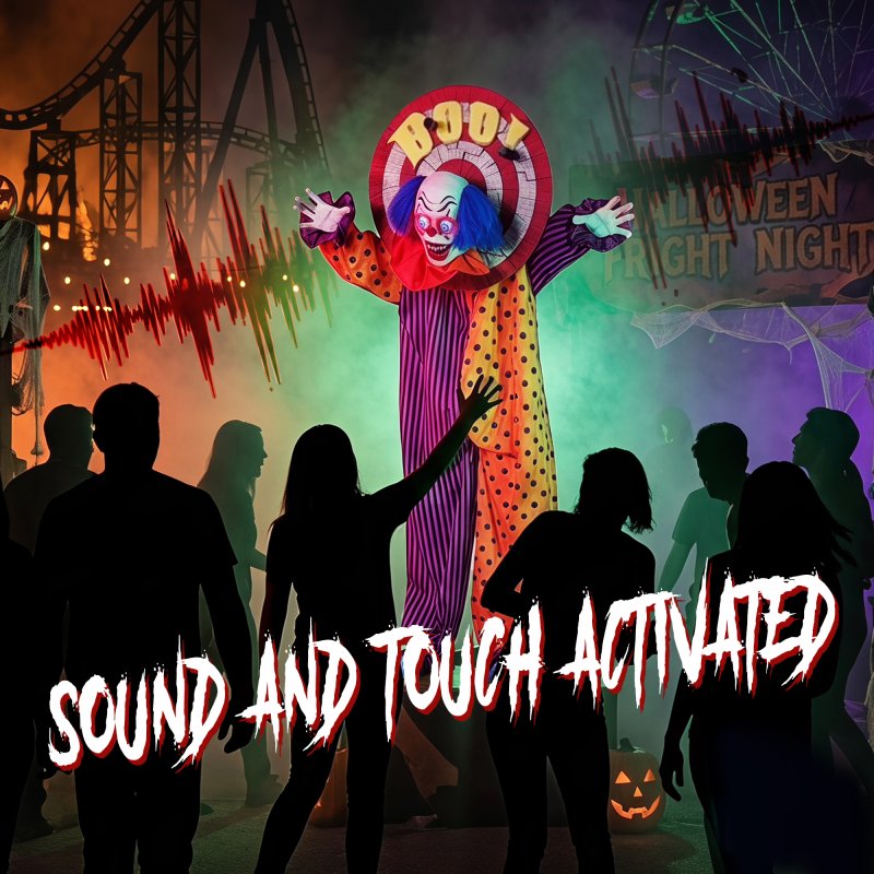 HOMCOM 167cm Life Size Animated Clown Halloween Decorations Outdoor Indoor, Scary Halloween Animatronics Decor with Sound Touch Activated, Red Light Up Eyes, Animated Prop for Haunted House Garden