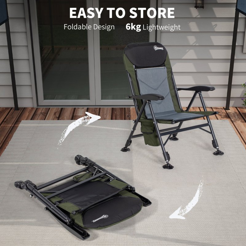Outsunny Portable Fishing Chair, Lightweight Camping Chair with Reclining Backrest, Adjustable Legs and Mud Feet, 180kg Heavy Duty Folding Chair, Dark Green