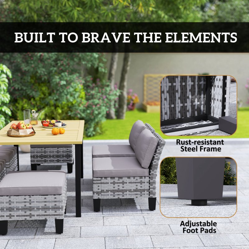 Outsunny 7-Piece Rattan Garden Dining Set, 6 Seater Wicker Garden Furniture Set with Seat and Back Cushions, Umbrella Hole, Patio Table and Chairs with Slatted Metal Top Table for Balcony, Grey
