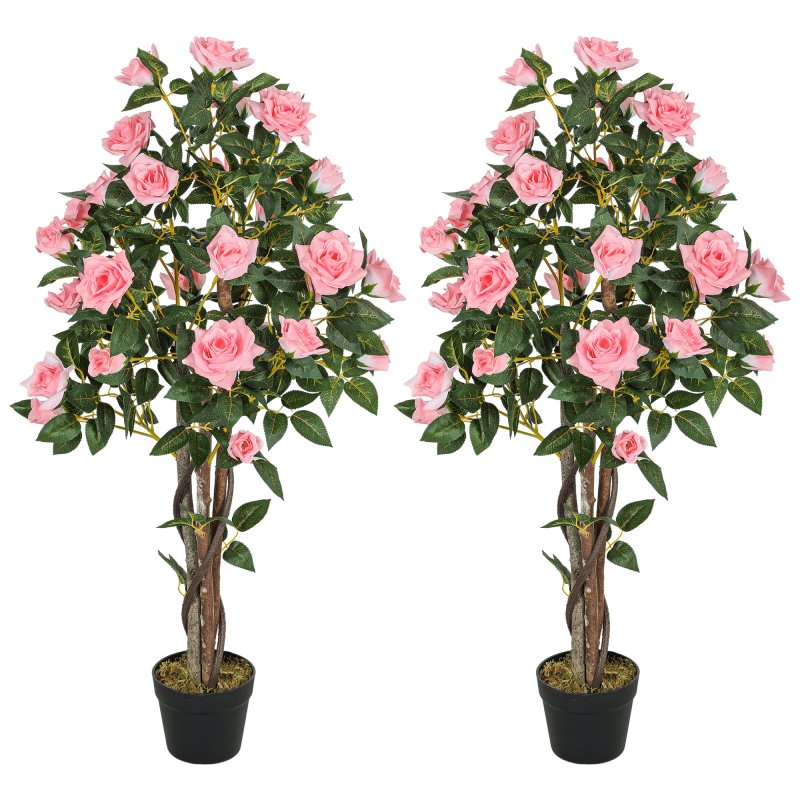 HOMCOM Set of 2 Decorative Artificial Plants, Faux Silk Rose Trees in Pot, Fake Plants for Home Indoor Decor, 110?cm, Pink