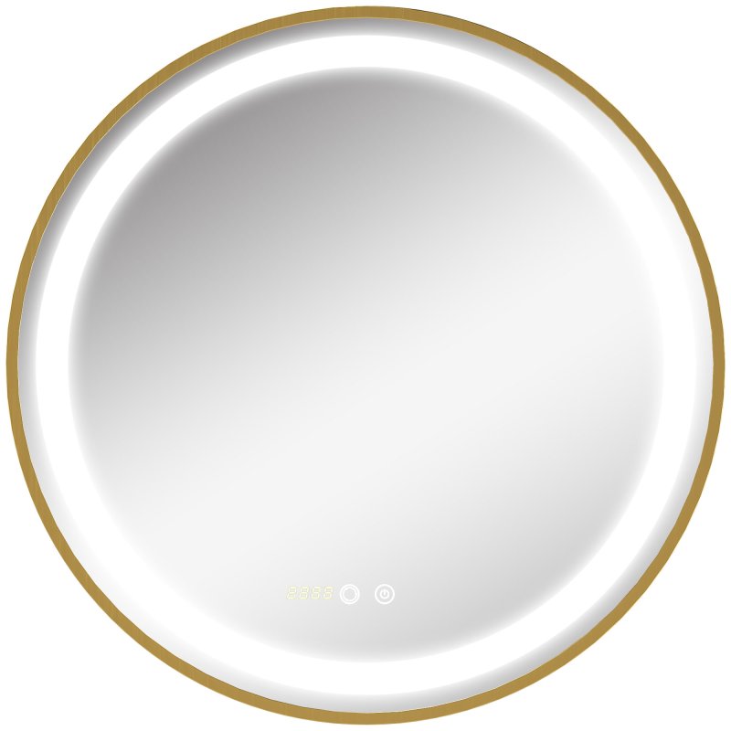 kleankin Round Bathroom LED Mirror, Dimmable Lighted Wall-Mounted Mirror with 3 Temperature Colours, Time Display, Memory Function, Hardwired, Gold