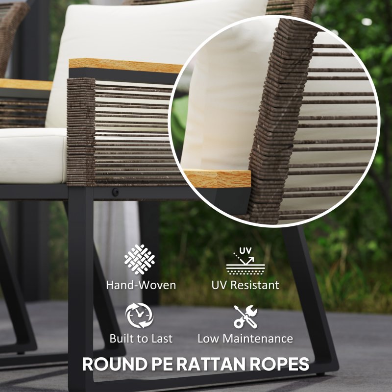 Outsunny 4 Piece Rattan Garden Furniture, 4 Seater Rattan Sofa Set, Round Wicker Rope Patio Conversation Set with 2 Armchairs, Loveseat, Glass Top Coffee Table and Cushions for Outdoor, Balcony, Grey