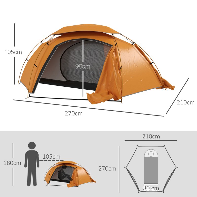 Outsunny 1-2 Man Camping Tent, Dome Tent with Removable Rainfly and Aluminium Frame, 2000mm Waterproof, Portable with Bag, for Fishing Hiking Festival, Orange