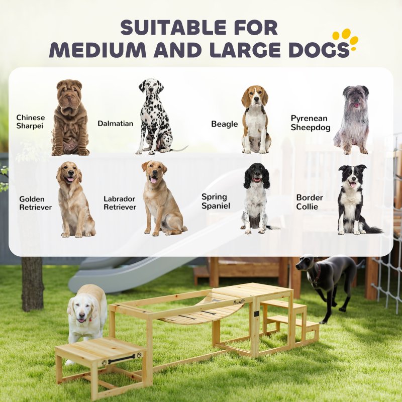 PawHut Dog Agility Equipment 3 Pieces Wooden Dog Agility Set with Soft Bridge, Pause Platform and Pet Stair for Outdoor, Natural Wood