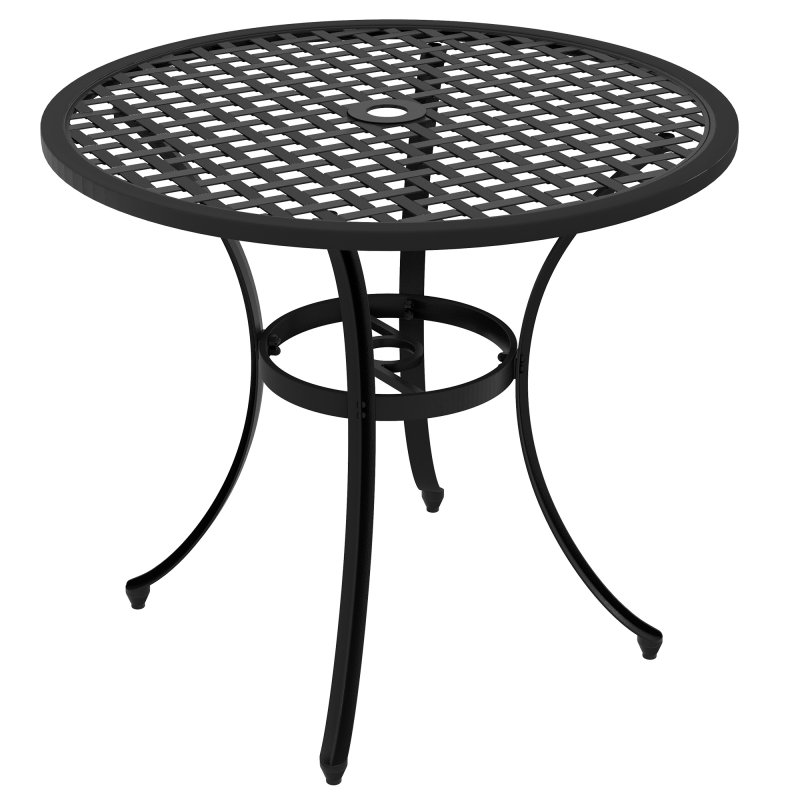 Outsunny 85cm Round Garden Dining Table, Cast Aluminium Coffee Table with Parasol Hole and Adjustable Foot Pad, Patio Table for Outdoor, Balcony, Poolside, Black