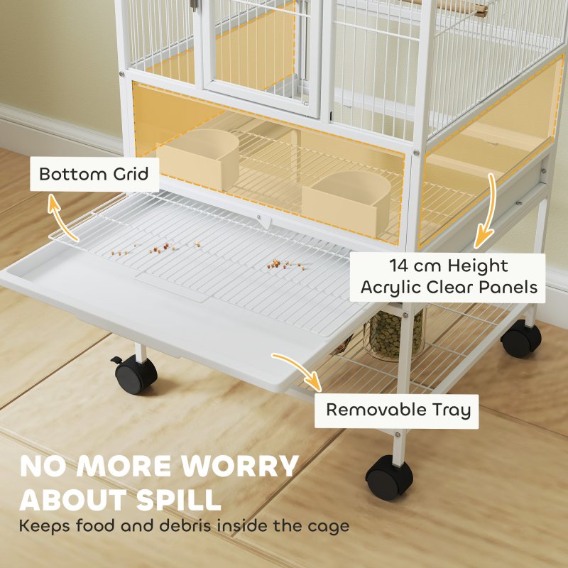 Pawhut Bird Cage, Metal Parrot Cage with Rolling Stand Wheels, Acrylic Viewing Panels, Storage Shelf, Slide-out Tray, Perches, Feeders, for Budgie, Parakeet, Canary, Finch, White, 48 x 46 x 83 cm