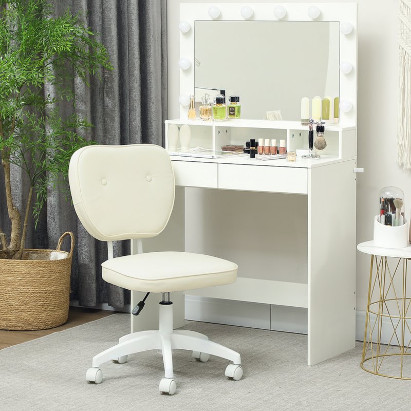 Vinsetto Cute Armless Office Chair, Small PU Leather Computer Desk Chair with Adjustable Height, Swivel Wheels, Mid Back, Cream White