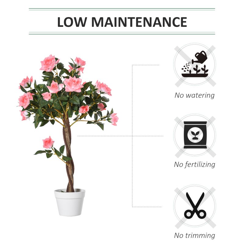 Outsunny 90cm/3FT Artificial Rose Tree, Fake Decorative Plant with Pot, Indoor Outdoor Faux Decoration Home Office Decor, Pink