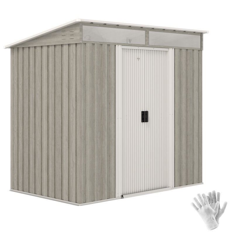 Outsunny 6.5 x 4FT Galvanised Metal Garden Shed with Double Sliding Doors and 2 Vents, Lockable Tool Storage House with Foundation Kit, Light Grey Wood Effect