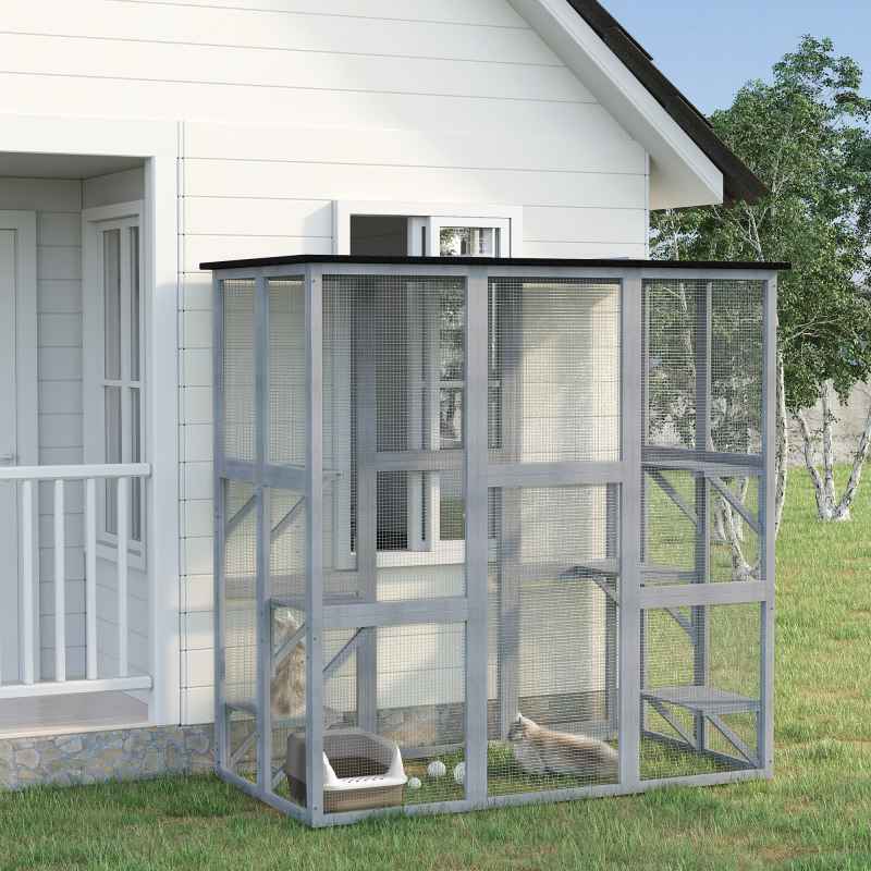 PawHut Large Outdoor Cat House, Walk-in Cat Enclosure, Wooden Catio with 6 Jumping Platforms, Waterproof Asphalt Roof