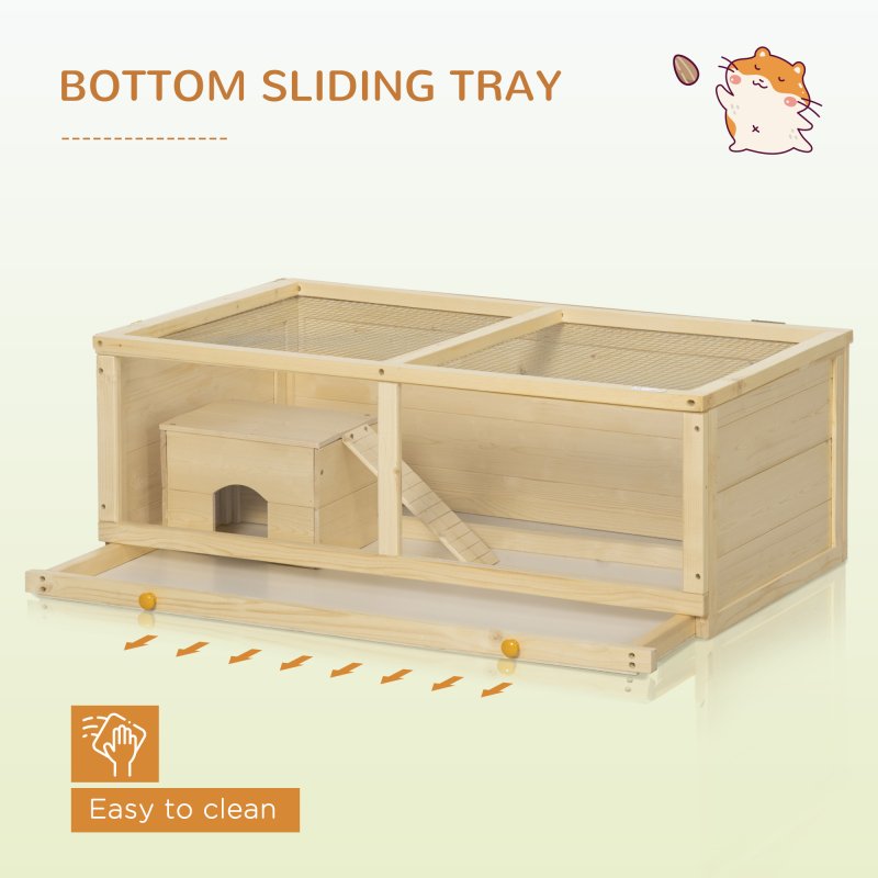 PawHut Wooden Hamster Cage, Small Animal Cage with Sliding Tray, Openable Top, Hut, Exercise Play House for Syrian Hamsters, Natural Wood Finish