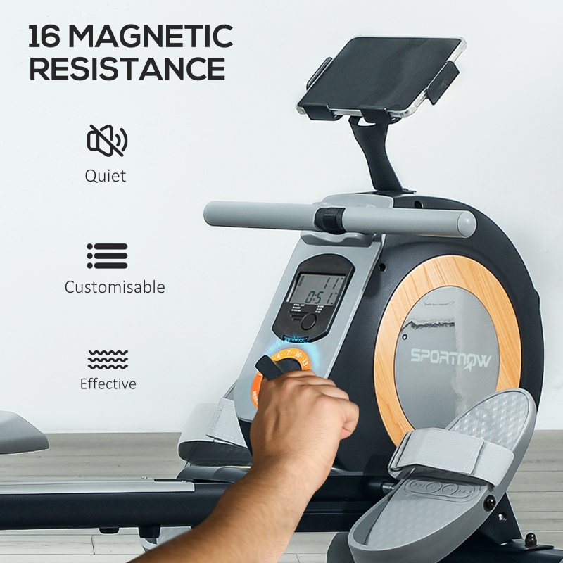 SPORTNOW Rowing Machine, 16-Level Magnetic Rower Machine with LCD Monitor and Phone Holder, Vertical Storage, for Home Gym Cardio Training, Black