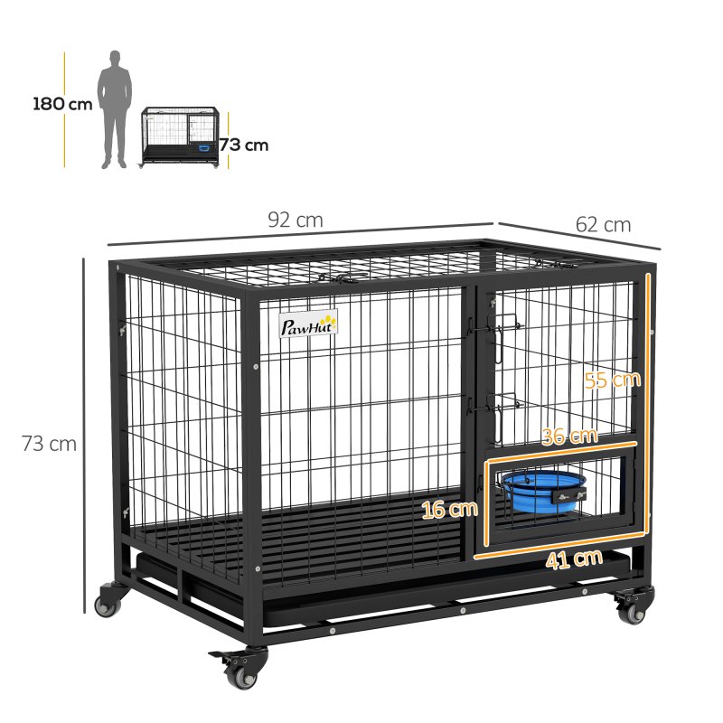 PawHut 36" Heavy Duty Dog Crate with Bowl Holder, Dog Cage on Wheels with Removable Tray, Openable Top, Detachable Door, Indoor Outdoor Use, for Medium and Large Dogs - Black