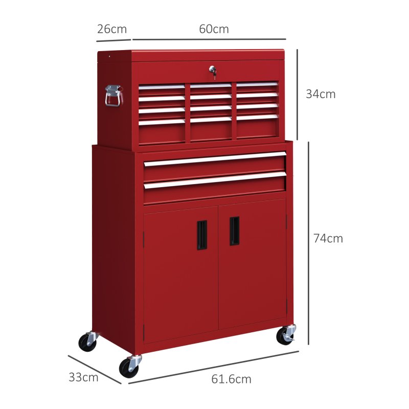 HOMCOM Tool Chest, Metal Tool Cabinet on Wheels with 6 Drawers, Pegboard, Top Chest and Roller Cabinet Combo, 61.6 x 33 x 108cm, Red