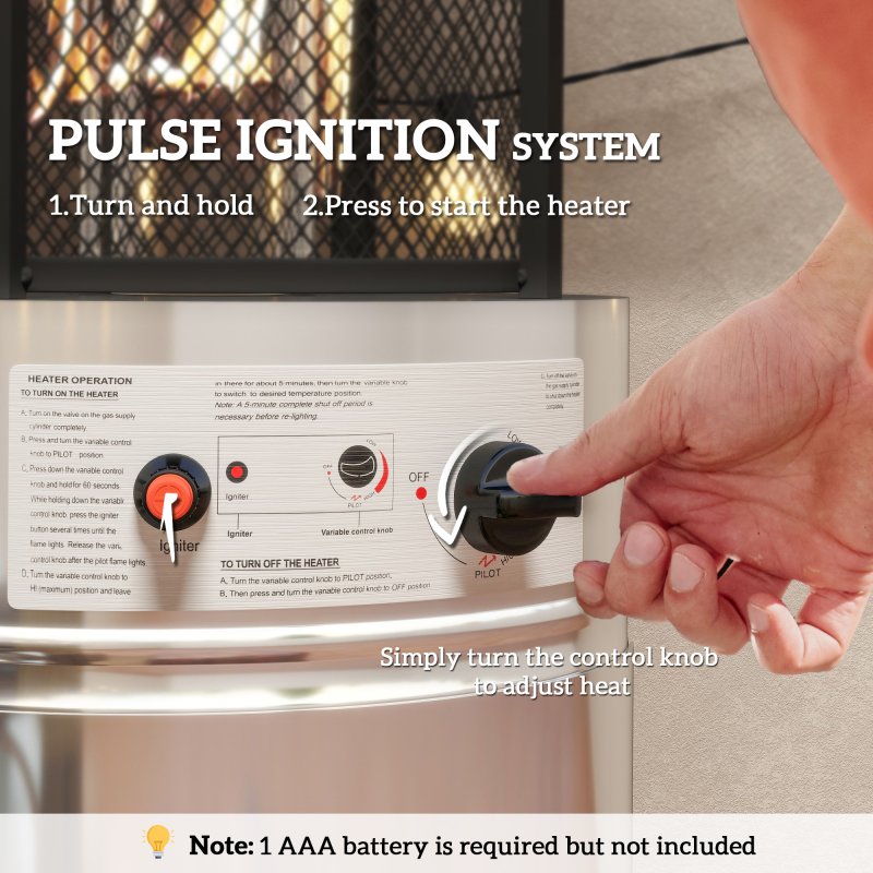 Outsunny 11 KW Freestanding Gas Patio Heater, Adjustable Outdoor Garden Propane Heater with Tip-Over Switch, Wheels, Pulse Ignition, Tank Room with Openable Door, Silver Tone