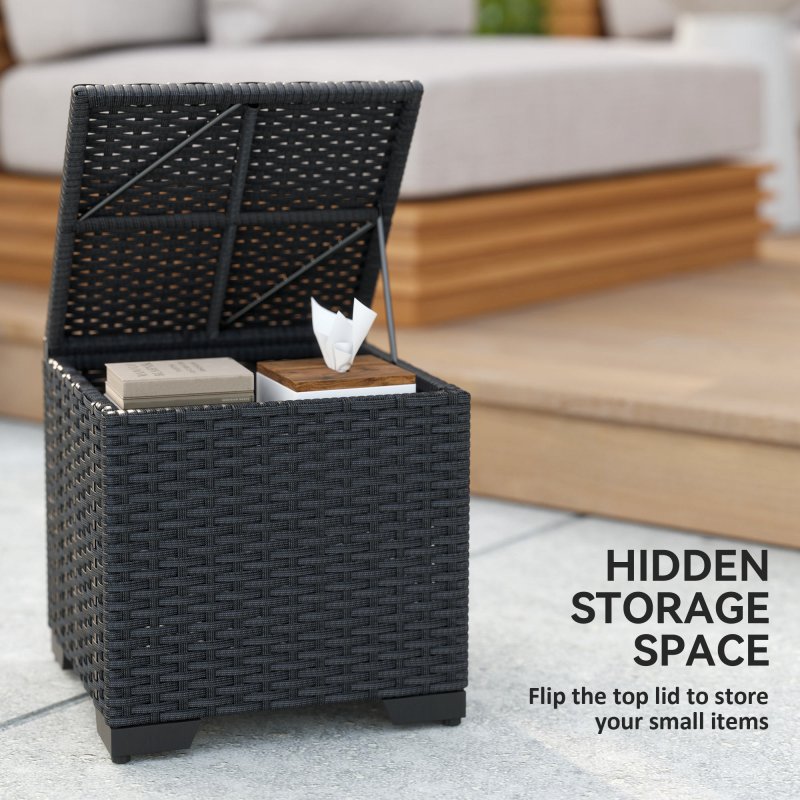 Outsunny Set of 2 Rattan Storage Ottoman, Outdoor Footstool with Removable Cushions, Garden Storage Seat for Balcony, Porch, Living Room, Cream White