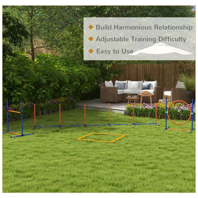 PawHut Dog Agility Equipment Set, 8 Piece Outdoor Agility Kit w/ Weave Poles, Adjustable High Jump Ring, Hurdle, Pause Box, Tennis Balls, Whistle, Training Shorts, Carrying Bag, for Dogs - Orange