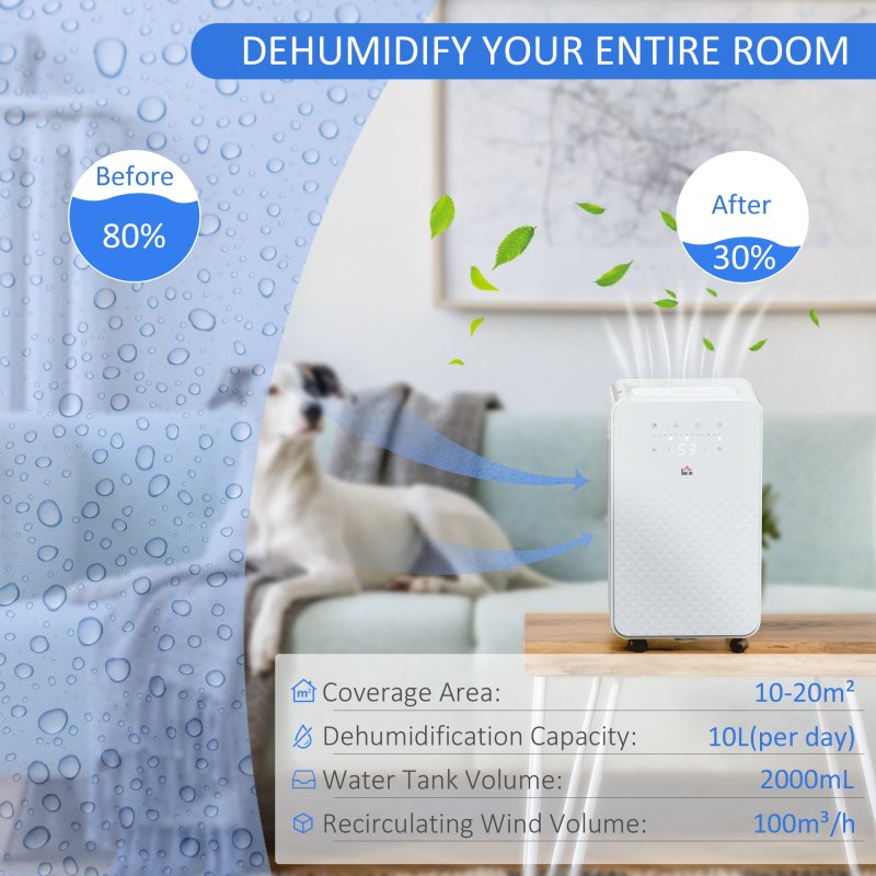 HOMCOM 10L/Day 2000mL Portable Quiet Dehumidifier with Air Purifier Filter, 24H Timer, 5 Modes, Electric Moisture Air Dehumidifier for Home Laundry Basement, White