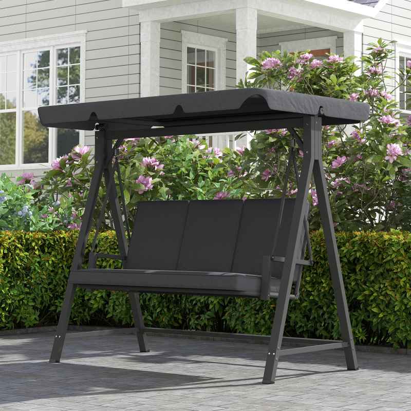 Outsunny 3 Seater Garden Swing Seat with UPF30+ Adjustable Canopy, Swing Chair with Cushion, Outdoor Hammock Bench for Balcony Patio, Dark Grey